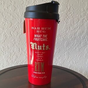 Kate Spade: Red “Bah Hum Bug” Travel Mug- 16 oz- Black Lid